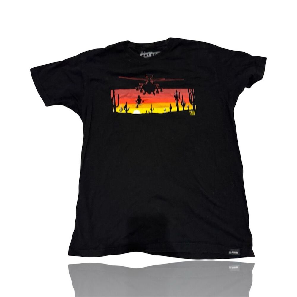 Ames Bros Men's Black Graphic Tee L Desert Sunset Aviation Art